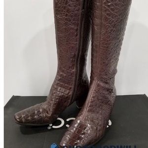 Ecco Brown Knee High Boots NWT crocodile embossed leather square toe zipper side